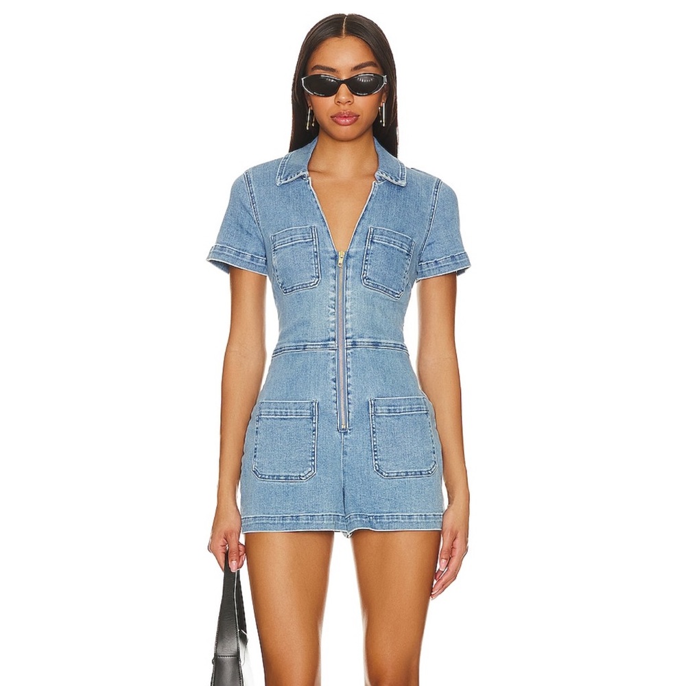 Show Me Your MuMu Light Blue Denim Short Zip Romper